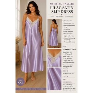 Morgan Taylor 90s Plus Size Lavender Satin White Lace Slip Dress Sz XXL Lingerie